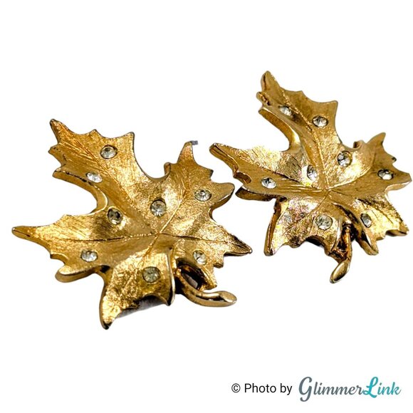 Vintage Sarah Coventry Maple Leaf Rhinestone Gold Tone Clip On Earrings - Picture 5 of 9